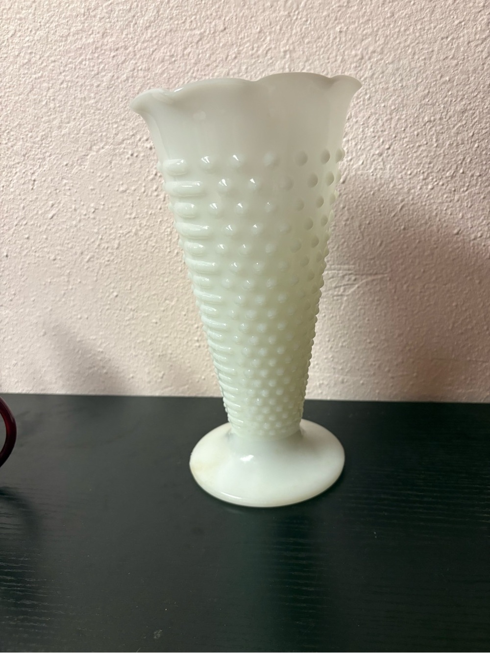 Vintage White Milk Glass Hobnail Pedestal Vase Ruffled Scalloped Rim - Picture 2 of 9